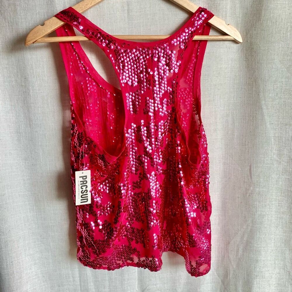 New VTG Nollie Womens Y2K Sequin Cropped Tank Size‎ M Pink NYE Festive Bright - Picture 5 of 16